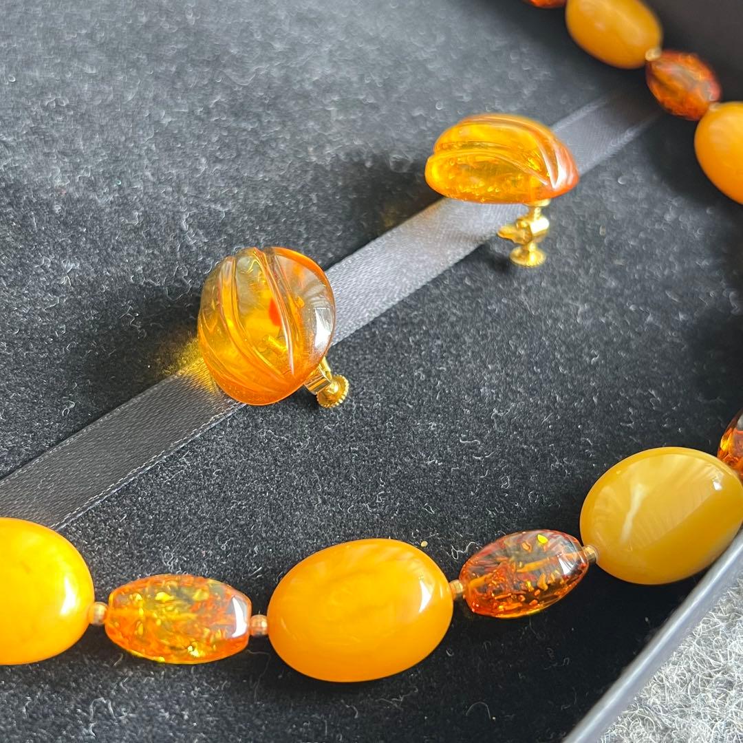 極美品✨ 天然琥珀 ネックレス イヤリング K18 アクセサリー 画像2