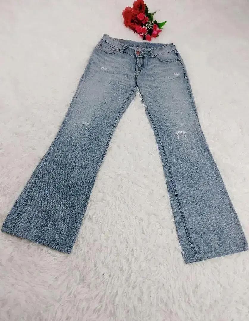 【45R】ダメージ加工 セミフレア デニムパンツ 日本製 革パッチ 画像2