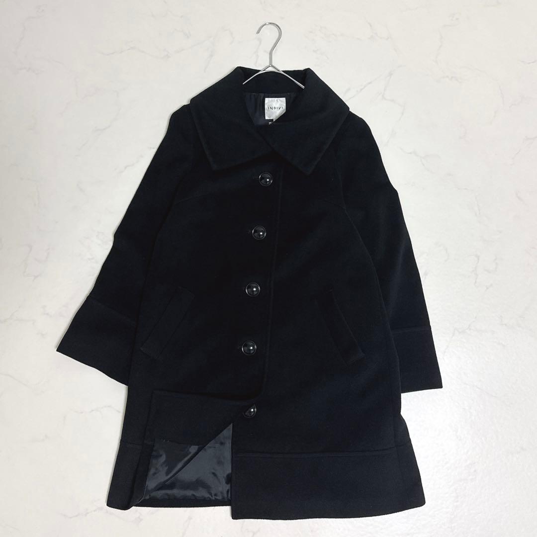 INDIVIインディヴィ アンゴラ混 Aライン ロングコート 黒 38 M 画像2
