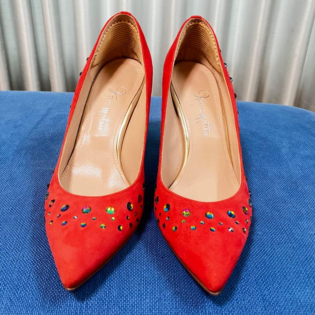 銀座かねまつ ヒールパンプス カラフルスタッズ スエード レッド23.0 画像4