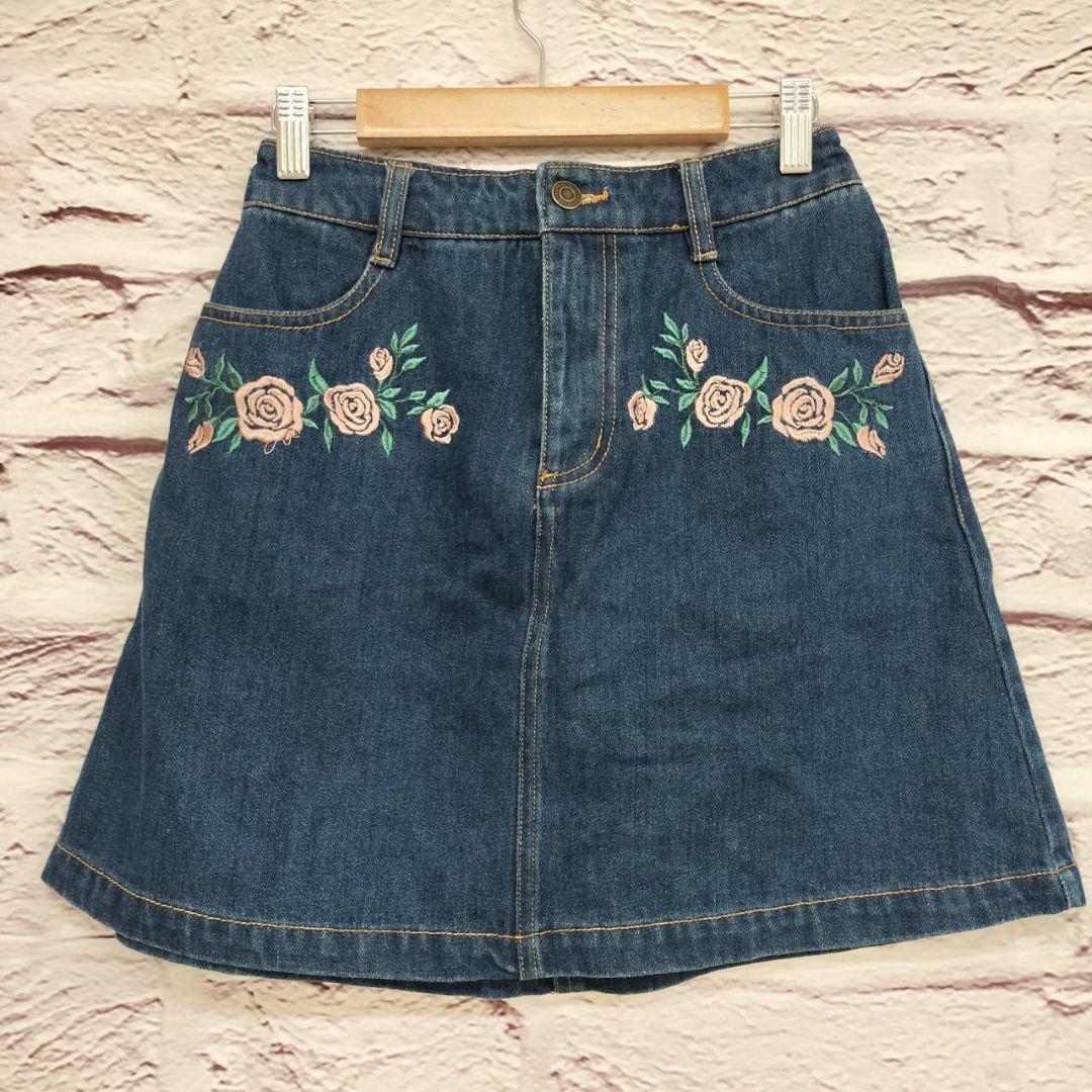 PENDORA 【M】 デニムミニフレアスカート 花刺繍 ウエストゴム ブルー 画像2