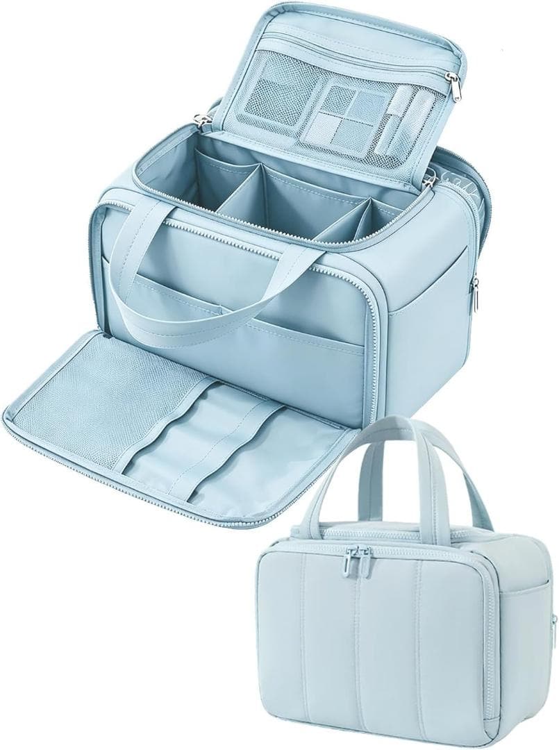 新品 大容量コスメポーチ 撥水 仕切り付き ライトブルー Siomlana